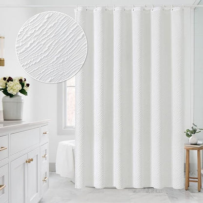 MitoVilla White Fabric Shower Curtain 72 x 78, Farmhouse Long Modern Geometric Cloth Shower Curtain for Bathroom Decor, Luxury Marble Textured, 78 inch Long