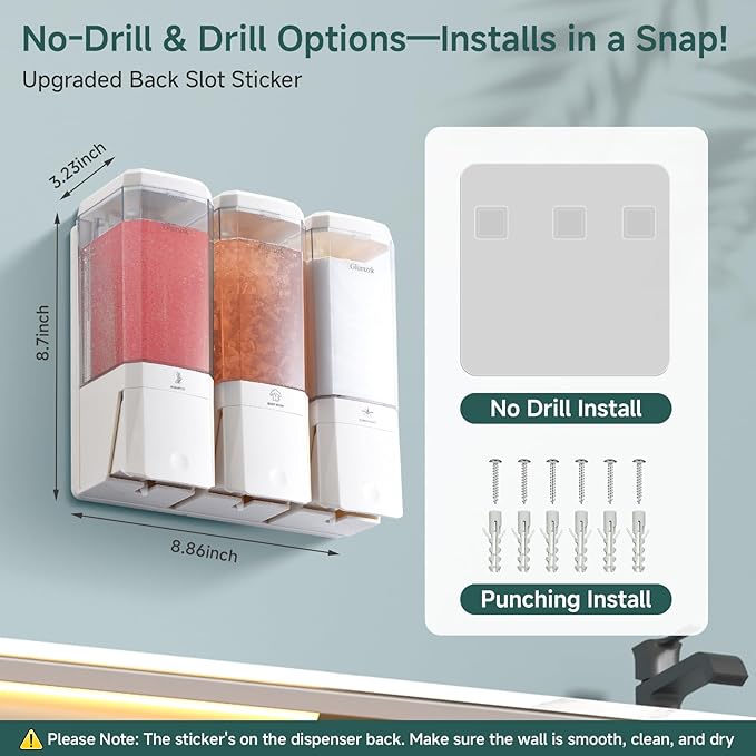 Shampoo and Conditioner Dispenser Wall Mounted No Drill, Shower Soap Dispenser 3 Chamber Shampoo Conditioner Body Wash Refillable 3 * 17oz Shower Soap Dispenser for Bathroom Hotel, White+Clear