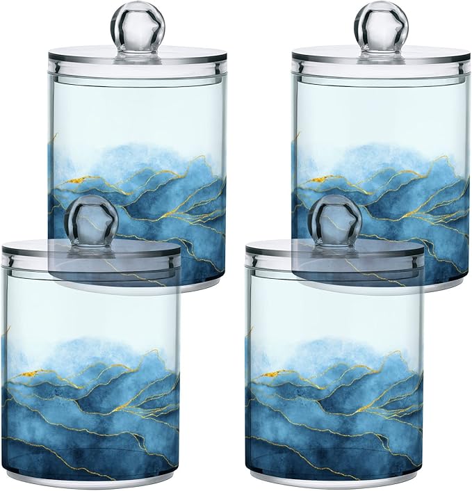 MNSRUU 2 Pack Qtip Holder Organizer Dispenser Blue Watercolor Marble Bathroom Storage Canister Cotton Ball Holder Bathroom Containers for Cotton Swabs/Pads/Floss