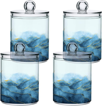4 Pack Qtip Holder Organizer Dispenser Blue Watercolor Marble Bathroom Containers Bathroom Vanity Storage Canister Apothecary Jars for Cotton Swabs/Pads/Floss