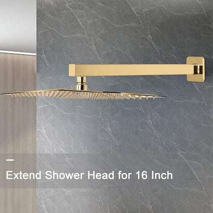 HarJue Shower Arm, Rain Shower Head Extension Extender, With Flange and Teflon Tape, Made of Thicken Stainless Steel for Bathroom Rainfall Shower (16 Inch, Chrome Gold)