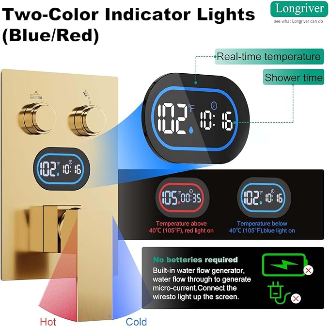 Push Button Diverter Shower Faucet Set Hydro Power Temperature Display, Shower System 12 Inch Shower Head with Handheld Spray, Wall Mounted Shower Fixtures with Valve and Trim Kit, Brushed Gold