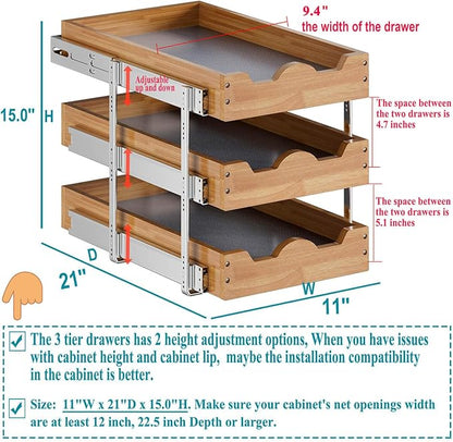 OCG Pull Out Cabinet Drawer 11" W x 21" D, 3 Tier Pull Out Cabinet Organizer, Heavy-Duty Slide Out Drawer for Cabinets, Base Cabinet Organization for Kitchen, Pantry, Bathroom
