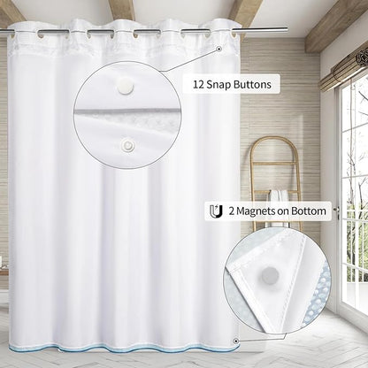MitoVilla No Hooks Needed Blue Ombre Waffle Shower Curtain Liner Set, Modern Waffle Weave Heavy Duty Fabric Cloth Shower Curtain with Snap-in Liner for Luxury Neutral Hotel Spa Bathroom Decor, 72 x 74