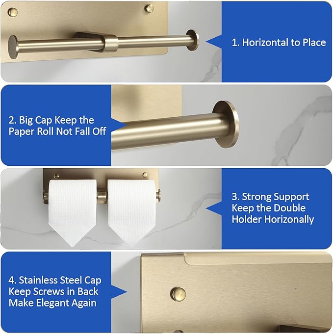 BGL Toilet Paper Holder with Shelf Matte Brushed Gold Double Head Toilet Tissue Roll Holder 304 Stainless Steel Wall Mount for Bathroom