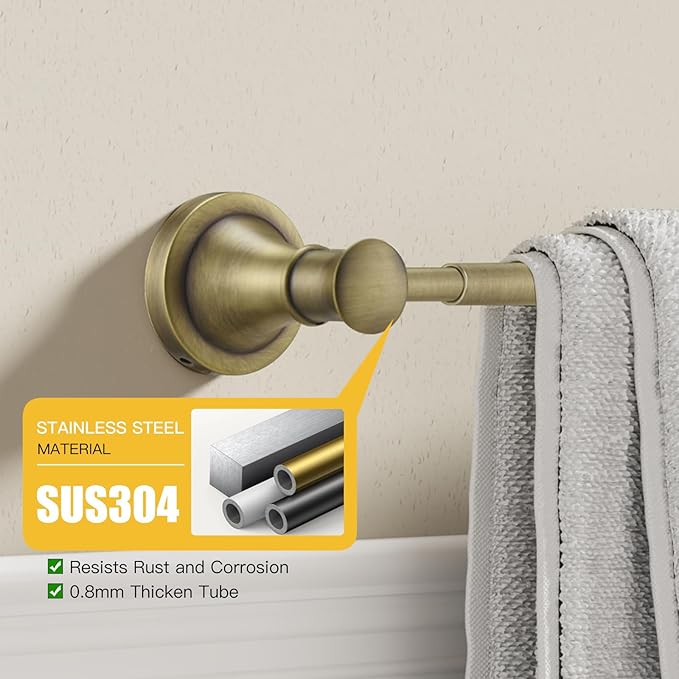 BESy Adjustable Antique Brass 16.5 to 28.7 Inch Bath Towel Bar Rack for Bathroom Towel Holder Wall Mounted Towel Bar Rod Hanger Bathroom Hardware Accessories Hotel Style Stainless Steel Antique Brass