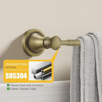 BESy Adjustable Antique Brass 16.5 to 28.7 Inch Bath Towel Bar Rack for Bathroom Towel Holder Wall Mounted Towel Bar Rod Hanger Bathroom Hardware Accessories Hotel Style Stainless Steel Antique Brass