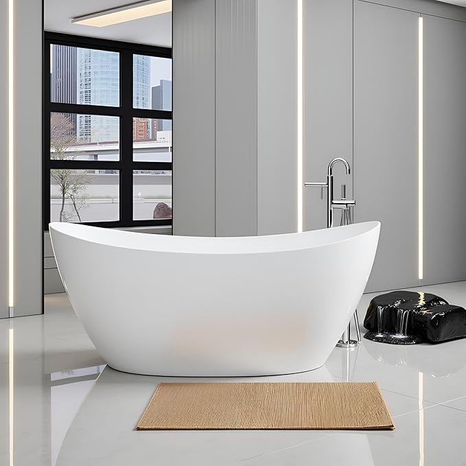 60" Acrylic Freestanding Bathtubs, High-back Stand Alone Tub, Soaking Tubs for Bathroom, Integrated Overflow and Drain, cUPC Certified, Gloss White