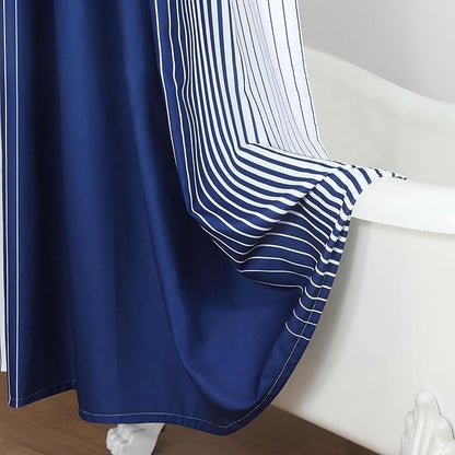 Extra Long Blue Shower Curtain, Modern Navy Blue and White Gradient Vertical Stripe Waterproof Polyester Shower Curtains for Bathroom, 72x84 Inches