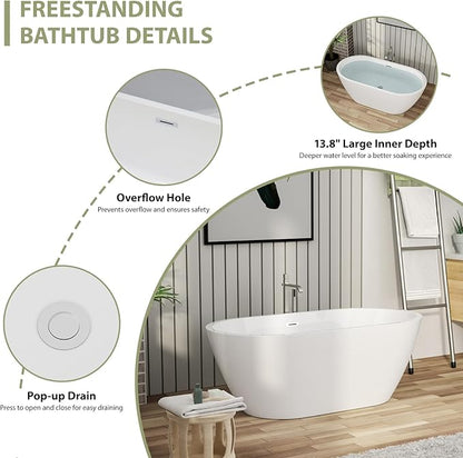59" Acrylic Freestanding Bathtub - Mocoloo White Oval Shape Soaking Bath Tub with Stainless Drain and Overflow Assembly for Classic Modern Bathrooms