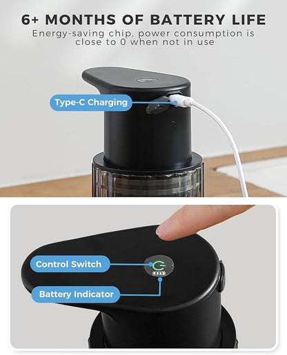 Automatic Foaming Soap Dispenser Touchless, 10oz/300ml Rechargeable, 3 Adjustable Foam Levels, IPX7 Waterproof for Kitchen Bathroom, Black
