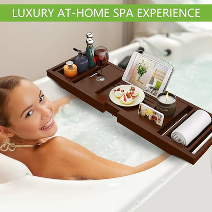 Bathtub Caddy Tray for Tub, Foldable Bamboo Bath Table Tray with Book and Wine Glass Holder, Expandable Bathroom Accessories with Free Soap Dish Suitable for Luxury Spa or Reading, Brown
