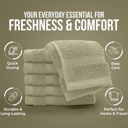 DAN RIVER 12-Pack Premium 100% Cotton Beige Face Towels – Reusable Face Towel Set, Soft & Absorbent Thin Wash Cloths for Bathroom & Body – Hand and Face Towels, 550 GSM (12x12 in)