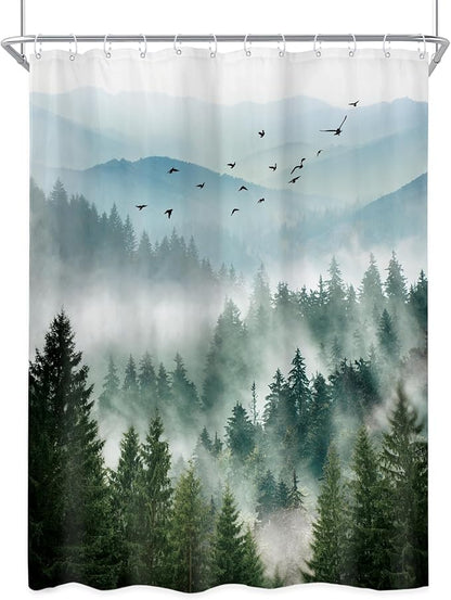 Riyidecor Green Mountain Shower Curtain，Stall Narrow Rv Small Nature Woods，Landscape Scenery Pine Tree Scenic Woodland Rustic Bathroom Decor，Fabric Polyester Waterproof 12 Pack Hooks 48Wx72H Inch