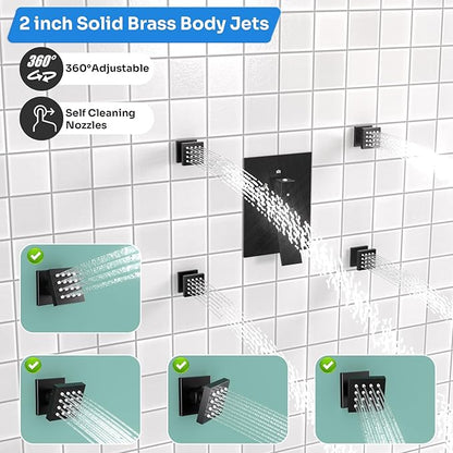 Enga Dual Head Shower System with Body Jets (Eco-Performance) 12 Inch Ceiling Mount Shower Head with 6 Inch Wall Mount Shower Head Shower Faucet Set, Matte Black