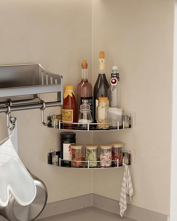 Bathroom Corner Shelf, 304 Stainless Steel,Integrated Molding, High Weight Capacity,Wall Mounted Bathroom Rack with Nail Free Adhesive, Suit for Storage Racks in Bathrooms,Kitchens(2 Pack)