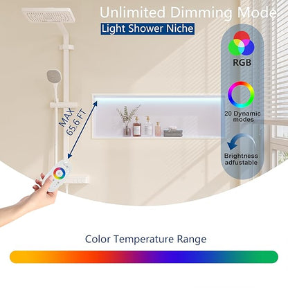 RGB LED Light Shower Niche, White 36X12 in Stainless Steel Built-in Storage with Remote Control, Waterproof No Tile Needed Wall Niche for Bathroom Storage Built-in Installation