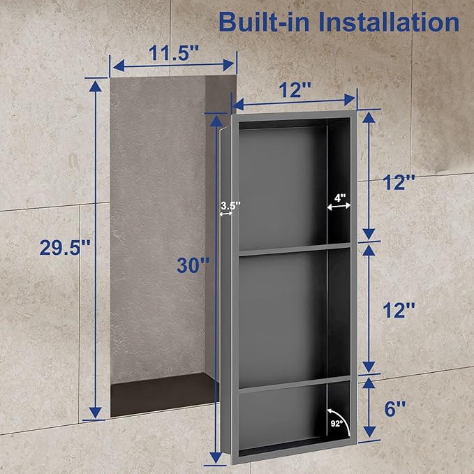 Shower Niche,12 * 30 Stainless Steel Elegant Bathroom Niche, No Tile Needed Recessed Shower Shelf Organizer for Storage,Grey