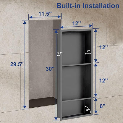 Shower Niche,12 * 30 Stainless Steel Elegant Bathroom Niche, No Tile Needed Recessed Shower Shelf Organizer for Storage,Grey