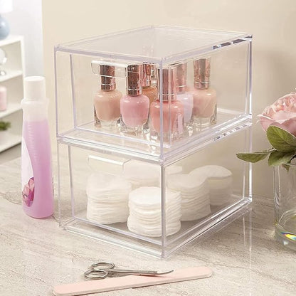Clear Stackable Storage Drawers,2 Pack Acrylic Drawers Desk Organizers Makeup Organizer for Vanity, Bathroom,Cabinet,Desk Organization