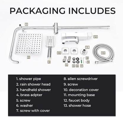Shower Faucet Set 8" Square Shower Head 3 Function Thermostatic Rainfall Shower Faucet Set Handheld Sprayer Tub Spout Polished Chrome with Height Adjustable Slide Bar