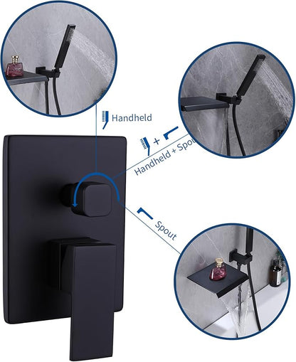 Taplong Wall Mount Tub Faucet with Waterfall Tub Spout Wall Mounted Tub Filler with Handheld Sprayer Black Bathtub Faucet Solid Brass Single Handle Shower Faucet Set with High Flow Rough in Valve