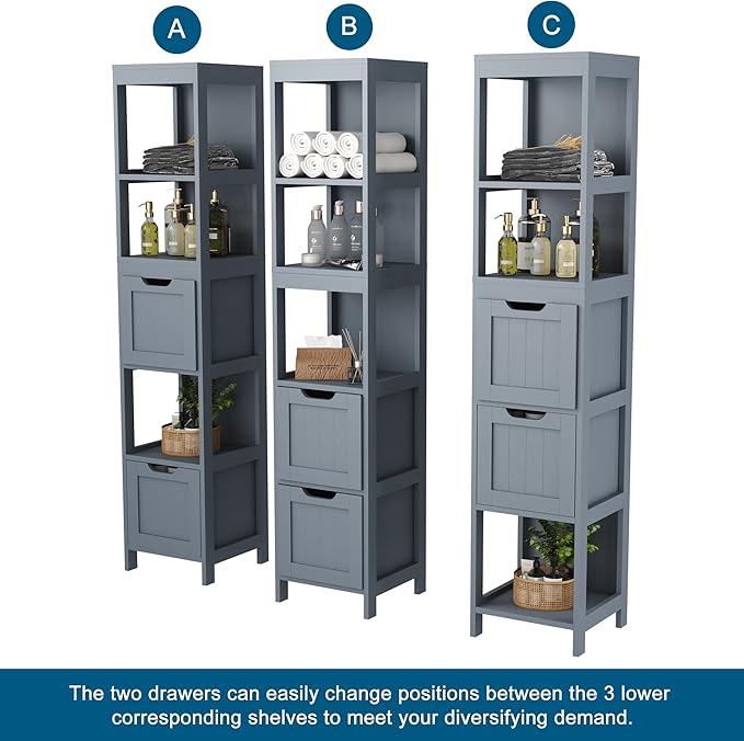 HOMEFORT Bathroom Storage Cabinet, Slim Tall Cabinet, Narrow Floor Cabinet Organizer, Wooden Linen Tower with 2 Drawers and 3 Shelves, Freestanding Storage Cupboard Grey