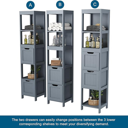 HOMEFORT Bathroom Storage Cabinet, Slim Tall Cabinet, Narrow Floor Cabinet Organizer, Wooden Linen Tower with 2 Drawers and 3 Shelves, Freestanding Storage Cupboard Grey