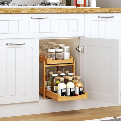 Bamboo Under Sink Organizer and Storage, 2 Pack Pull Out Cabinet Organization, 2 Tier Vertical Slide Out Undersink Storage Shelf, Multi-Purpose Organizer Shelves for Kitchen Bathroom Medicine