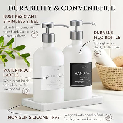 Lotion, Hand & Dish Soap Dispenser for Kitchen Sink - Bathroom Soap Dispenser Set of 2 16.8 Oz Glass Bottles with Stainless Steel Pump, 15 Water Proof Labels & Silicon Tray (White/Silver)