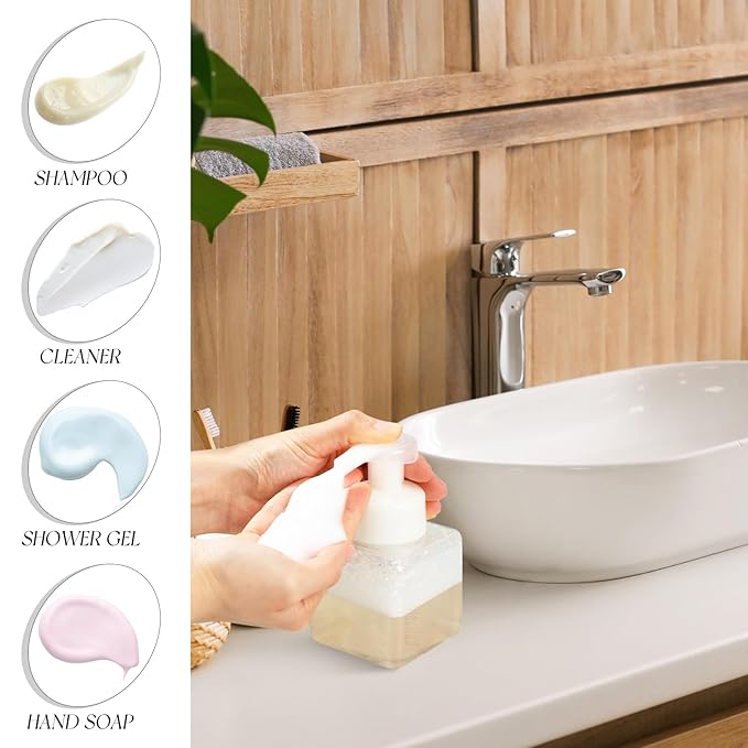 Domensi 12 Pcs Foam Pump Bottle Foaming Soap Dispenser Empty Travel Foaming Dispenser 8.5 oz Refillable Hand Soap Plastic Pump Bottle Travel Essentials Clear Container for Bathroom Vanities (White)