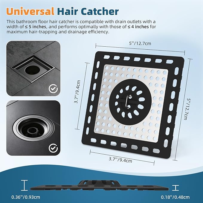 Hibbent Upgraded Shower Drain Hair Catcher, Shower Drain Cover for Bathroom Floor 4" Drain, Anti-Clogging Bathtub Drain Strainer, Stainless Steel Kitchen Sink Drain Strainer with Handle, Black