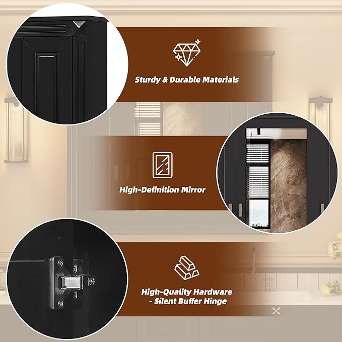 Merax Wall Mounted Bathroom Medicine Cabinet with Mirror, Bathroom Wall Cabinet with Doors and Shelves, 34" x 29" Mirrored Door Over Toilet Storage Cabinet, Black