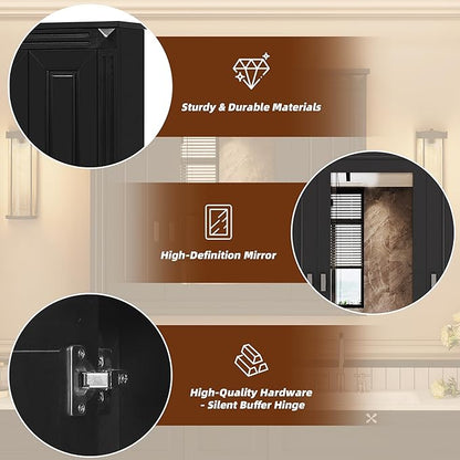 Merax Wall Mounted Bathroom Medicine Cabinet with Mirror, Bathroom Wall Cabinet with Doors and Shelves, 34" x 29" Mirrored Door Over Toilet Storage Cabinet, Black