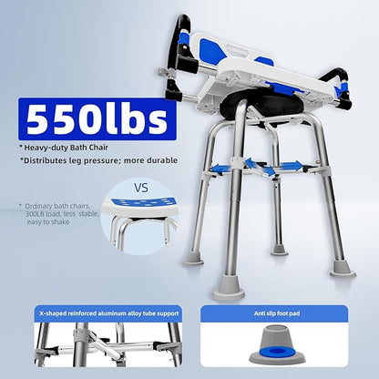 Swive Shower Chair with Arms and Back Heavy Duty 500 lbs for Seniors Elderly Disabled or Bariatric Adults Bench Seat for Inside Shower Stall and Bathroom Bath Tub Seats Adjustable Stool
