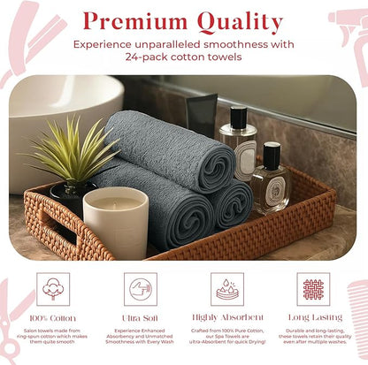 RIVERSIDE Pack of 24 Salon Towels Set – 16 x 26 Inches, 100% Ring Spun Cotton Highly Absorbent and Quick Dry Towels for Salon, Hand, Barber, Gym, Home & Hair Care, Grey