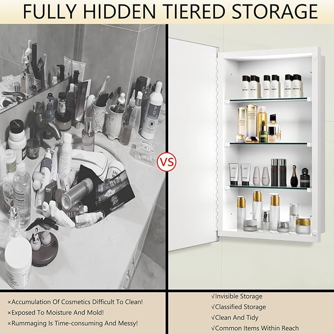 Bathroom Medicine Cabinet with 28x28 in Square Beveled Frameless Mirror,Wall Mounted Mirror Cabinet for Bathroom Toilet Kitchen,Recess or Surface Mount
