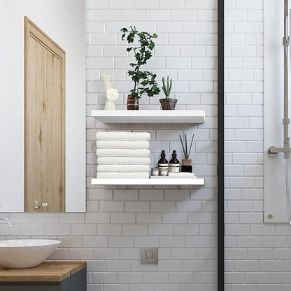 SAUMONIERES 24 Inch Floating Wall Shelves for Bedroom Bathroom Wall Mounted Solid Wood Shelf Storage Set of 2, White
