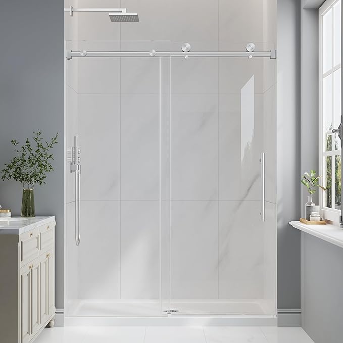 Frameless Glass Shower Door, 43-48" W x 76" H Sliding Frameless Shower Door, 1/4''(6mm) SGCC Tempered Glass, Explosion-Proof Film Nano Coating, Stainless Steel Hardware, Brushed Nickel