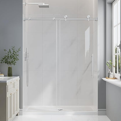 Frameless Glass Shower Door, 55-60" W x 76" H Sliding Frameless Shower Door, 1/4''(6mm) SGCC Tempered Glass, Explosion-Proof Film Nano Coating, Stainless Steel Hardware, Brushed Nickel