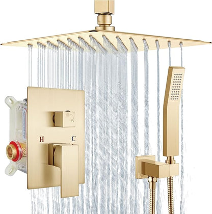 Aolemi Ceiling Mount Shower System Rain Shower Head with Handheld Spray High Pressure Shower Faucet Set Rough-in Valve Shower Trim Kit Included Bathroom Brused Gold 12 Inch Ceiling Shower Head