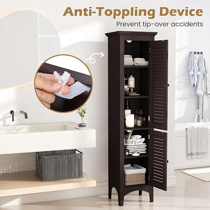 Tangkula 63" Tall Bathroom Storage Cabinet, Freestanding Narrow Linen Tower with Adjustable Shelf, Modern Slim Floor Cabinet with 2 Doors for Bathroom, Living Room, Kitchen (Brown)