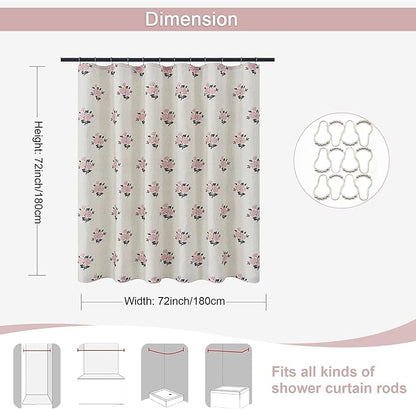 ORTIGIA Boho Pink Shower Curtains for Bathroom Linen Farmhouse Shower Curtain Set with Metal Hooks Block Print Floral Waterproof Aesthetic Rustic Fabric Bath Curtain for Home, Weighted, 72x72