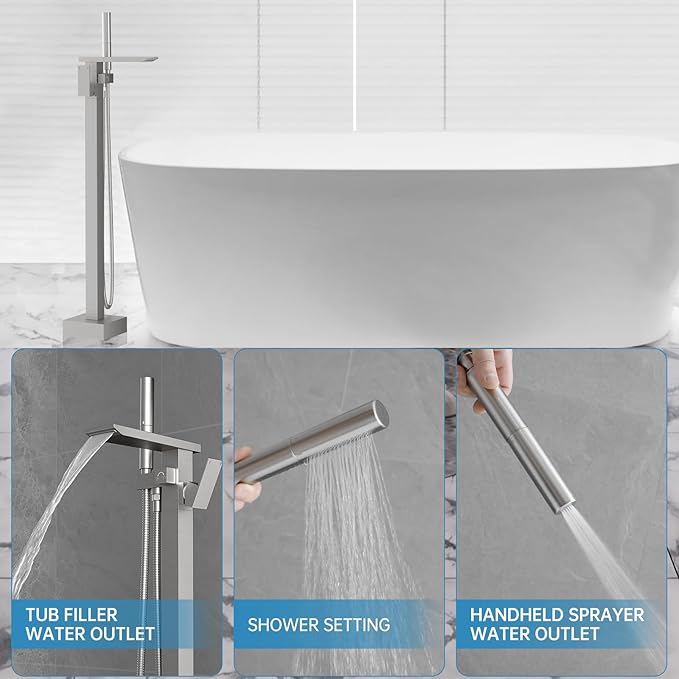 RUMOSE Brushed Nickel Bathtub Filler Freestanding Tub Filler Floor Mount Tub Faucet Waterfall Bathtub Faucet with CUPC Certified High Flow Brass Bath Shower Faucets with Handheld Sprayer