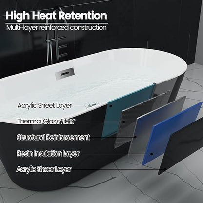 Freestanding Bathtub Acrylic Soaking Tub, Deep Stand Alone Bath with Chrome Drain, Modern Black and White Design for Compact or Contemporary Bathrooms, 59 Inch