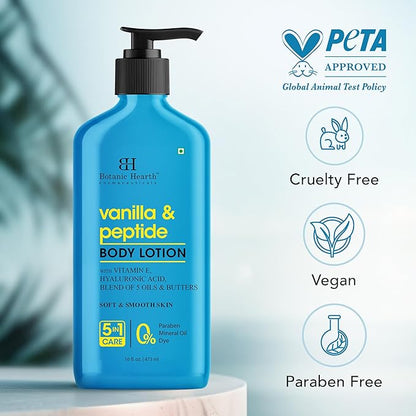 Botanic Hearth Vanilla & Peptide Body Lotion 16 fl oz | Soft & Smooth Skin | 5 Oil Blend & Butters | 5-in-1 Care | Paraben Free, Dye Free | Daily Moisturizing Lotion for All Skin Types