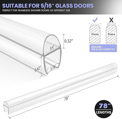 Bathroom Shower Door Seal Strip, 2PCS 78 Inch Shower Door Bottom&Side Seal Strips, U-Type PVC Transparent Shower Door Seal Strip for 5/16"(8MM) Frameless Shower Door