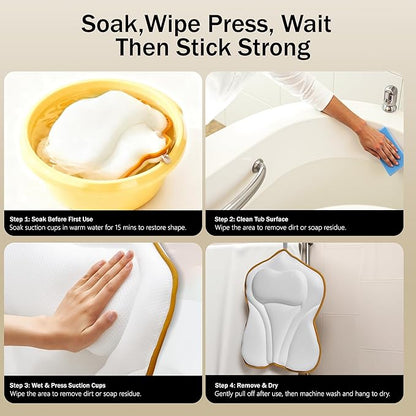 Bath Pillow PYRRHIC - Luxury Bathtub Pillow 5D Mesh with Neck & Back Support Non-Slip Suction Cups Fast Drying Soft Spa Pillow Relaxing Bath Accessories with Hook Laundry Bag White