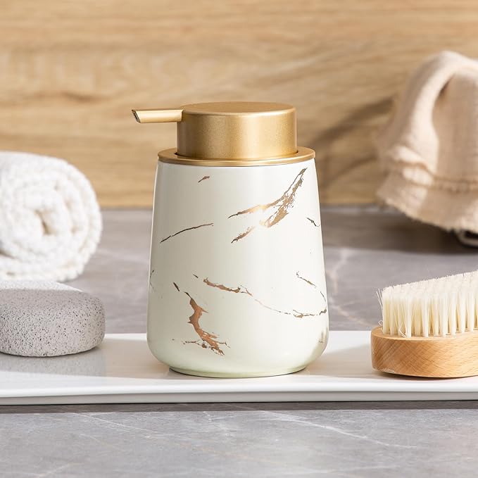 Enra Ceramic Gold Soap Dispenser, 12 oz Modern Liquid Hand Soap Dispenser for Bathroom Kitchen with Easy-to-Press(Glod Liquid Type-Beige)
