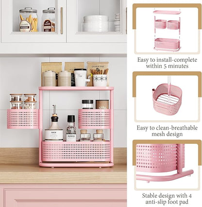 KINGRACK 3 Tier Bathroom Organizer Countertop, Multi-Purpose Makeup Organizer, Rotating Desktop Skincare Organizer, Vanity Tray Standing Rack for Bathroom, Pink